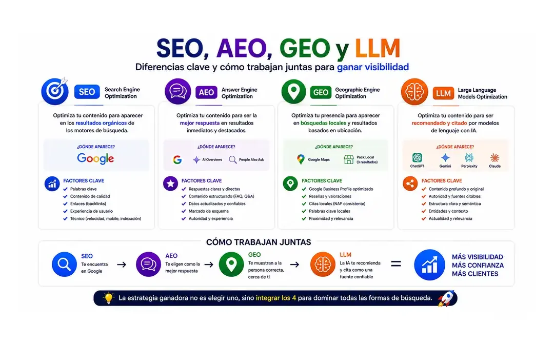 Qué diferencia hay entre SEO tradicional, AEO, GEO y LLM SEO 2026